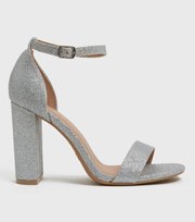 New Look Wide Fit Silver Glitter 2 Part Block Heel Sandals
